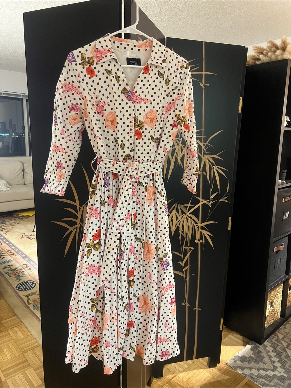 Marchesa Notte White Midi Shirt Dress with Black Polka Dots and Pink Floral